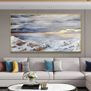 Dekorasi rumah besar kontemporer abstrak pemandangan laut 3D tekstur emas dicat tangan akrilik pada kayu regang kanvas seni dinding - Product Image 3