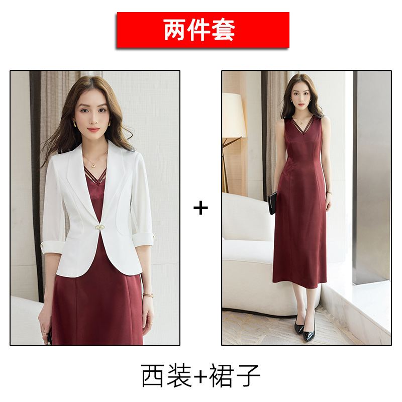 White suit, Ankera red dress