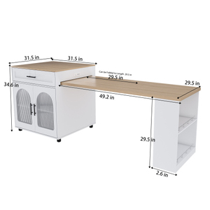 80-inch Expandable Modern Kitchen <b>Island</b> Dining <b>Table</b> MDF Countertop Power Outlet Mobile Storage Cart Cabinet 2 Drawers (White) - Product Image 6