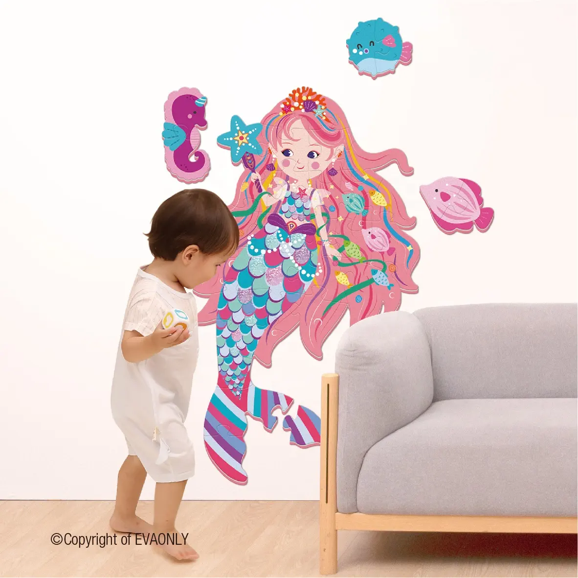 EVAONLY 36PCS Mermaid Jumbo Foam Puzzle 3D Puzzles for Kids Puzzle Mat