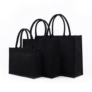 Wholesale Customize Logo Printed Burlap Tote Bag with Cotton Handles Eco High Quality Large Capacity Black Jute Grocery Bags