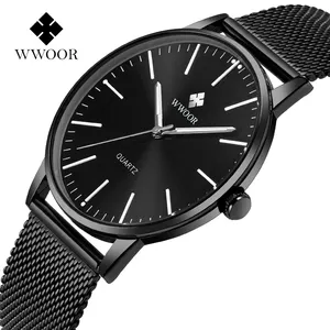 经典WWOOR 8832简约黑色石英腕表奢华日本机芯超薄不锈钢男士手表防水