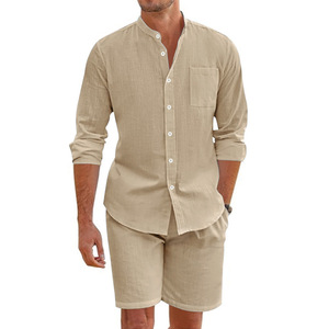 Conjunto de Dos Piezas de Verano para <span class=keywords><strong>Hombre</strong></span>, Personalizado OEM, Camisa de Lino con Botones, Pantalones Cortos de Manga Larga, Cárdigan, Atuendo Casual de Playa - Product Image 1