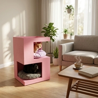 Table d'appoint 2-en-1 pour chat avec 2 coussins amovibles, lit pour chat en peinture grainée rose, meuble démontable