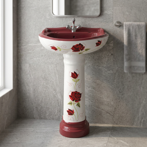 Juego de lavabo de cerámica con estampado de flores, lavamanos con Pedestal, para uso doméstico, baño, artículos sanitarios, OEM, Color naranja - Product Image 1