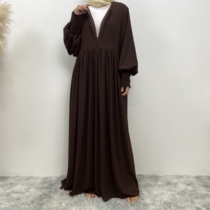 6685# Latest <b>Summer</b> Simplicity Solid Color Pleated Elastic Cuff With Front Zipper With Full Lining Classy Chiffon Women Dress - Product Image 3
