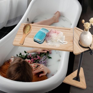 Plateau de bain en bois de forme irrégulière, autoportant, hauteur réglable, avec support pour tablette, pour utilisation dans la salle de bain - Product Image 2