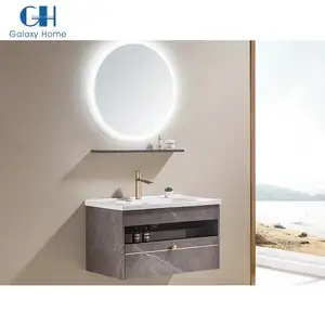 Mueble de Hotel de madera maciza, pequeño lavabo individual, montaje en pared, tocador de baño de madera con juego de espejo circular