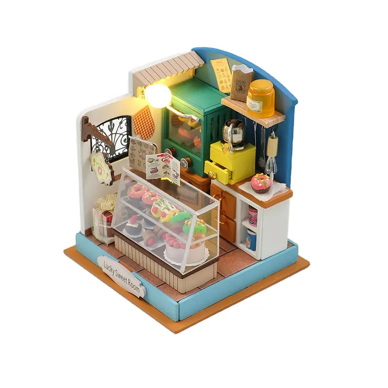 Hubungi Dapatkan Diskon 10% untuk rumah boneka edukasi DIY S2304 mainan kabin kartun kecil Diy Kit rumah boneka miniatur dengan lampu Led