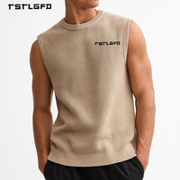Chaleco Clásico de Punto Acanalado Texturizado para Hombre con Cuello Redondo en Beige Sólido para Venta al por Mayor sin Mangas Estilo Minimalista
