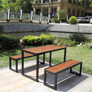 WPC-banco de madera para exteriores, muebles de calle de metal, silla larga de jardín <span class=keywords><strong>urbano</strong></span>, asientos de jardín modernos, bancos planos para KS Arks y lazas - Product Image 6