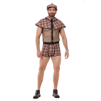 Disfraz de Cosplay para Hombre, Camisa Transparente con Cuello de Capa a Cuadros, Pantalones Cortos a Cuadros con Boina, Conjunto de Lencería para Adultos, Halloween, Carnaval