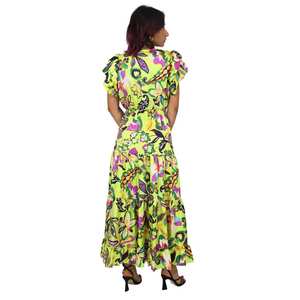 Robe longue florale pour femmes, jaune et violette, manches à volants, col en V, robe d'été longue - Product Image 4