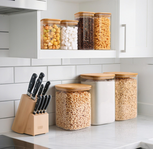 Juego de 2 Frascos Cuadrados de Vidrio con Tapas de Bambú, Recipientes Herméticos Grandes <span class=keywords><strong>para</strong></span> Harina y Azúcar con Etiquetas y Tazas Medidoras - Product Image 6