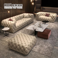 Decoración del Hogar, Sofá Seccional Chesterfield Grande, Sala de Estar Moderna, Muebles de Cuero Genuino de Lujo, Juego de Sofás