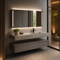 Meuble-lavabo de salle de bain moderne en marbre avec vasque, design flottant, armoire miroir LED personnalisée, vente en gros