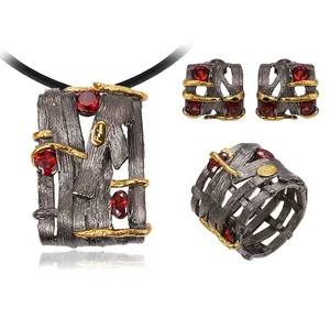 Fencing Design Garnet Stone 925 Sterling Silver Jewelry Set Black Gold Plated