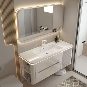 Meuble-lavabo flottant blanc crème personnalisé en gros avec coins arrondis, miroir LED et design compatible robot aspirateur - Product Image 1