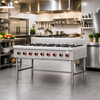 Cuisinière à gaz commerciale moderne en acier inoxydable de 58 pouces avec 8 brûleurs, plaque de cuisson et gril Lava intégré