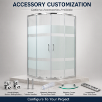 Porte coulissante de douche incurvée avec cadre argenté et verre dépoli, cabine de douche d'angle avec motif sérigraphié, vente en gros personnalisée