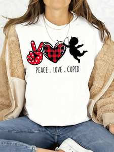 T-shirt da donna Peace Love Cupid a maniche corte con stampa a cuore, 100% cotone, casual, primavera estate, girocollo, vestibilità regolare - Product Image 3