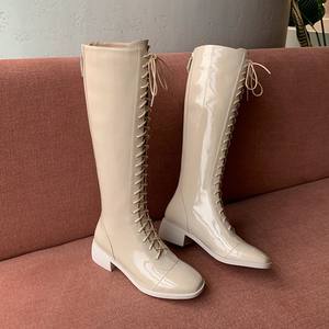 <span class=keywords><strong>Stivali</strong></span> Alti al Ginocchio da <span class=keywords><strong>Donna</strong></span> in <span class=keywords><strong>Pelle</strong></span> Nera con Punta Tonda e Tacco Basso in Velluto Allacciati - Product Image 5