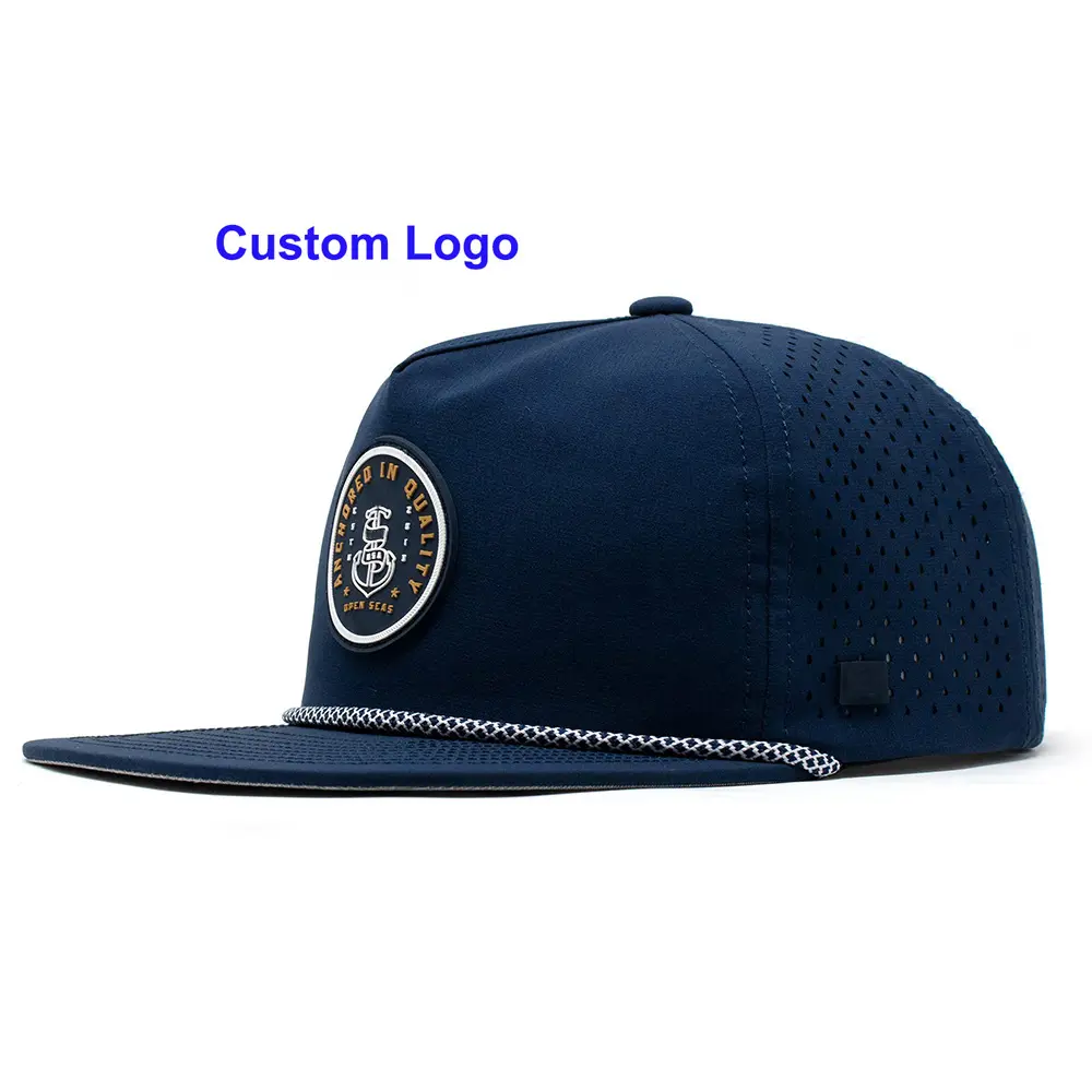 Custom 5 Panel Rubber Pvc Logo Rope Baseball Cap Waterproof Laser Cut Drilled Hole Perforated Hat Curved Brim Navy Blue Dad Hat