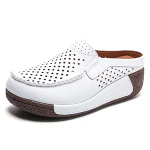 新款护士增高鞋白色皮革平台楔形木屐低价工厂品牌定制高品质