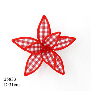 Décorations florales de Noël à carreaux rouges et blancs, tiges de poinsettia en tissu faites à la main pour un arbre de Noël élégant - Product Image 2