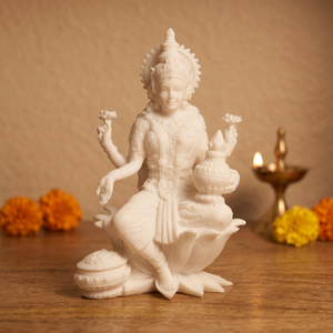Estatua de la Diosa Lakshmi Blanca de Resina Hecha a Mano, Sentada sobre un Loto Tallado, Decoración Religiosa de Diseño Tradicional para Diwali - Product Image 2