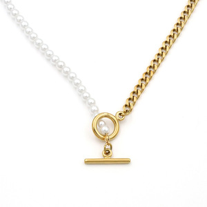 Cuban Chain Spliced Pearl Necklace Gold Zinc Alloy Clavicle Chain Party Jewelry Geometric Design DG-XL00003 - Product Image 5