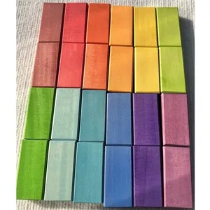 Block Build Stacking Toys Handmade Rainbow Rectangle Flat Lime Wood Stain for Kids Creative Play