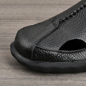Aibois Men's Solid Leather Slides Open Toe Breathable Rubber Sole Genuine Leather Lining Casual <b>Sandals</b> - Product Image 2