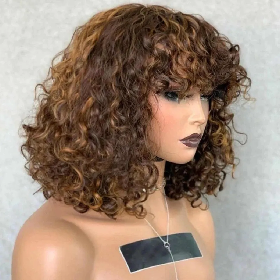 Cheap Fringe Curly Human Hair Wigs Full Machine Virgin Hair Wig With Bangs Water Wave Non Lace Human Hair Wigs For Black Women