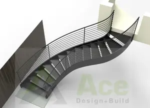 ACE Interior Curved Stair Glass Railing Stairs Stainless Commercial Indoor Solid Wood Staircase Designs