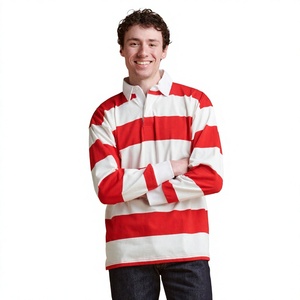 Camisa Casual de Manga Larga a Rayas Rojas y Blancas para Hombre, Cuello con Botones, Manga Larga, Tela Popelina Transpirable, Ropa de Primavera - Product Image 1