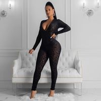 Combinaison en velours léopard transparente pour femme, sur mesure, avec fermeture éclair sur le devant, sexy, à manches longues