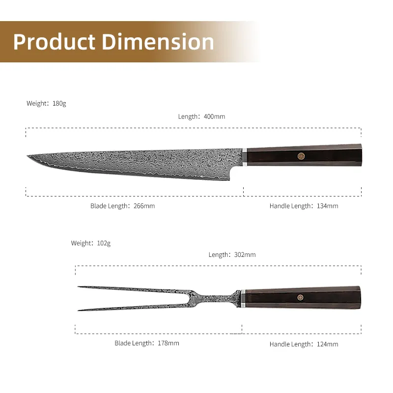 Carving knife and fork set with 10" carving knife  7" straight fork mosaic rivet damascus steel ebony wood handle knife bag