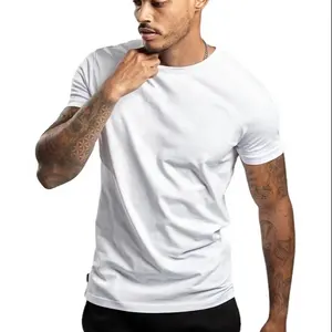 T-shirt à manches courtes en tissu uni 95% coton 5% élasthanne, coupe ajustée, performance de musculation musculaire, t-shirts imprimés