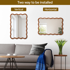 Yellowish Brown 24x36 Wavy <b>Rectangle</b> Solid Wood Frame Decorative <b>Mirror</b> <b>For</b> Bedroom Bathroom Living Room Entryway - Product Image 5