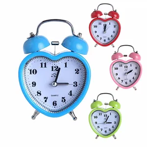 Bosheng 사용자 정의 로고 알람 시계 하트 모양의 트윈 벨 아날로그 배터리 전원 석영 금속 매우 시끄러운 침대 옆 알람 시계