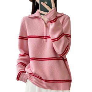 Suéter de punto holgado con <span class=keywords><strong>cuello</strong></span> <span class=keywords><strong>alto</strong></span> y media cremallera para <span class=keywords><strong>mujer</strong></span>, 100% lana pura coreana, a rayas, novedad de primavera 2026, superventas - Product Image 5