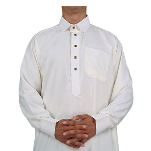 Thobe Masculino <span class=keywords><strong>de</strong></span> Manga Larga Estilo Islámico Qatari, Diseño <span class=keywords><strong>de</strong></span> Color Sólido, Jalabiya con Puños en las Mangas - Product Image 2