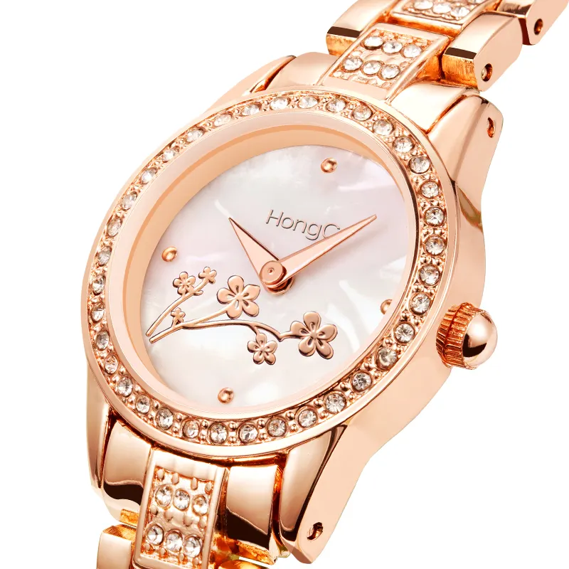 HongC Newest Women Fashion Quartz Watch with Diamond Luxury 3D Carving Fancy Dial Analog Watch for Ladies Small Dial Wristwatch