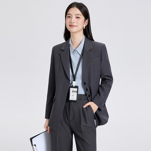 Women's Formal Suit Set Solid Color Polyester Anti-Wrinkle Blazer Pants Work Uniform College Student Teacher Interview Attire - Product Image 1