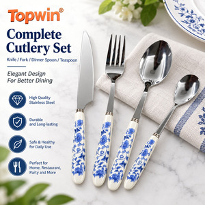 Juego de cubiertos de acero inoxidable de 4 piezas con mango de cerámica azul y blanco, cuchillo, tenedor, cuchara, cucharilla, juego de cubiertos - Product Image 1
