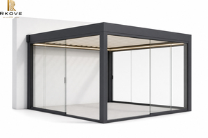 Pérgola Inteligente de Aluminio RKove 4x4m, Montada en Pared, Terraza de Lujo para Desayunos con Paneles de Vidrio, Luz LED Cálida para Casa, Jardín, Villa - Product Image 1