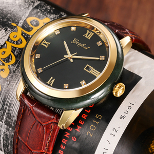 Montre de couple étanche 30M avec mouvement à quartz japonais et placage IP, cadran en jade Hetian vert et bracelet en cuir véritable, montres de luxe pour couple - Product Image 5