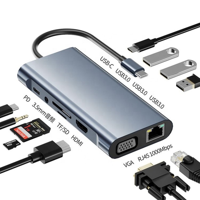 11 in 1 USB C Docking Station Hub Adapter with 4K VGA Ethernet RJ45 PD 3.5mm Aux SD TF USB C Charging Port USB C Hub in Stock