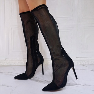 Botas de tacón de aguja altas hasta la rodilla para mujer, con parte superior de malla, tallas grandes, ajuste amplio para pantorrilla, botines de verano, tacones altos - Product Image 1